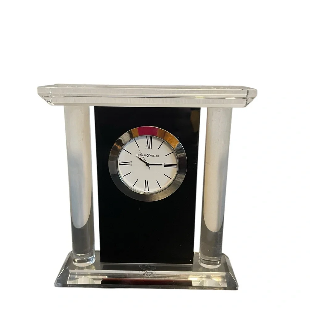 Howard Miller Clear Acrylic and Black Architectural Desk Clock Roman Numerals